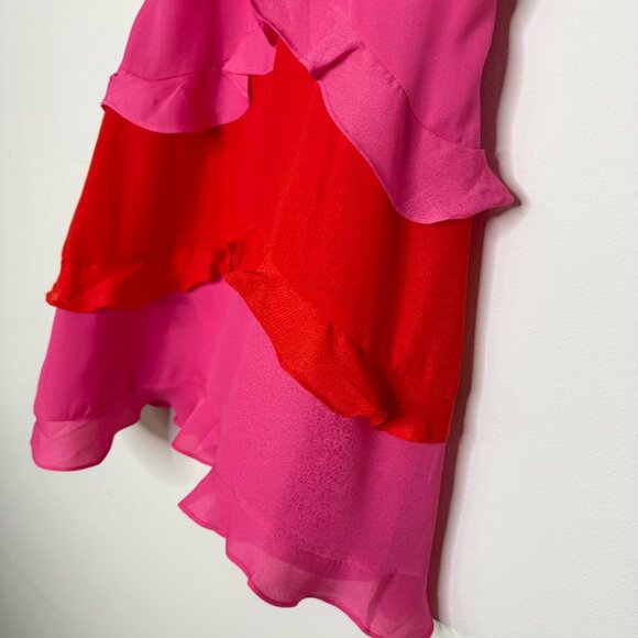 MICAS | Color Block Ruffle V-Neck Mini Two Tone Pink and Orange Dress - S - Picture 4 of 7
